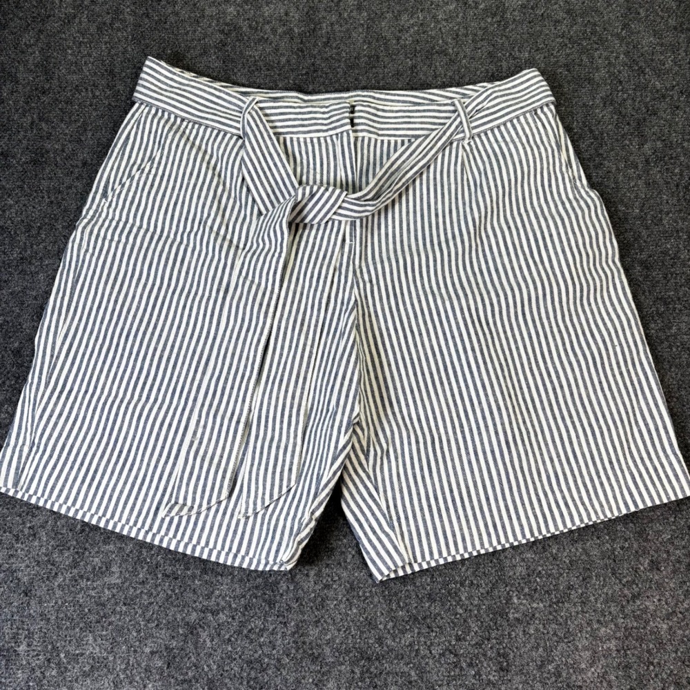 Boden Striped Linen Cotton Belted Paperbag Waist Shorts Womens 10 Blue White
